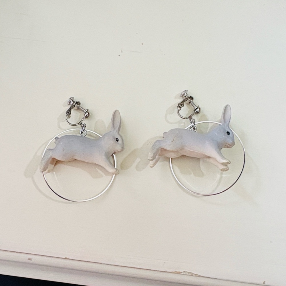Whimsical White Rabbit Bunny Hoop Clip On Earrings